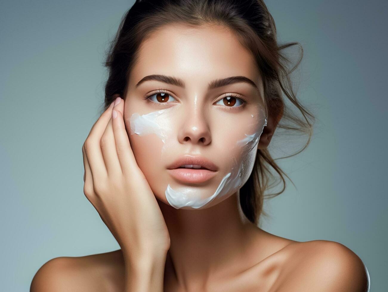 ai generado belleza joven mujer aplicando crema en su rostro, niña belleza piel cuidado. facial tratamiento. ai generado foto