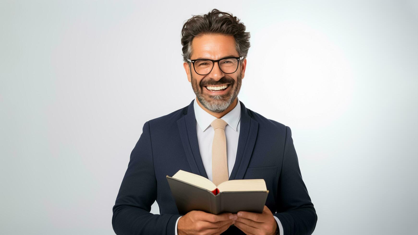 AI generated Portrait of handsome Elderly businessman wearing suit holding book on Gray background .AI Generated photo