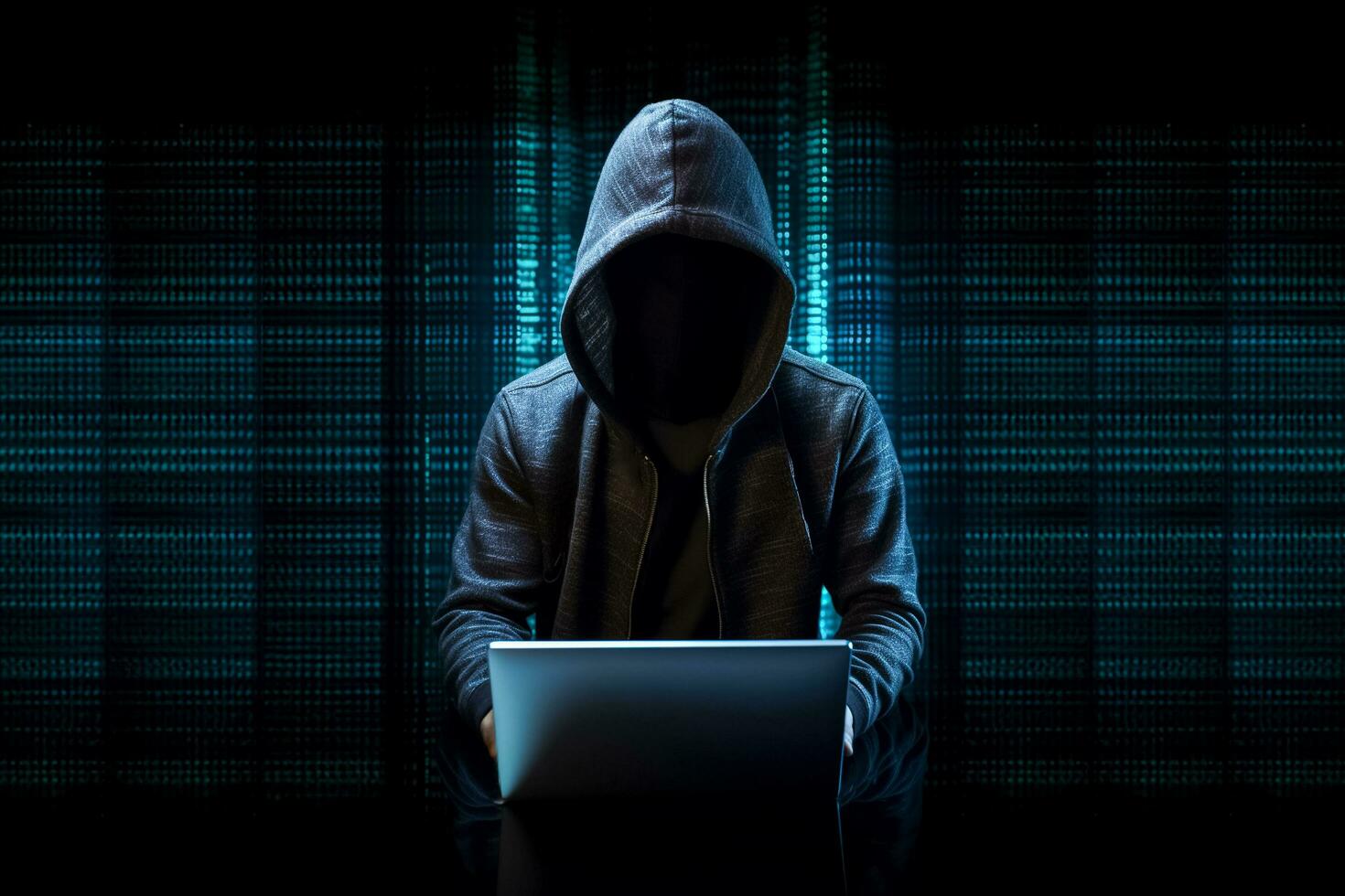 AI generated Hacker man typing on laptop, hacking computer system. male in mask and hoodie .AI Generated photo