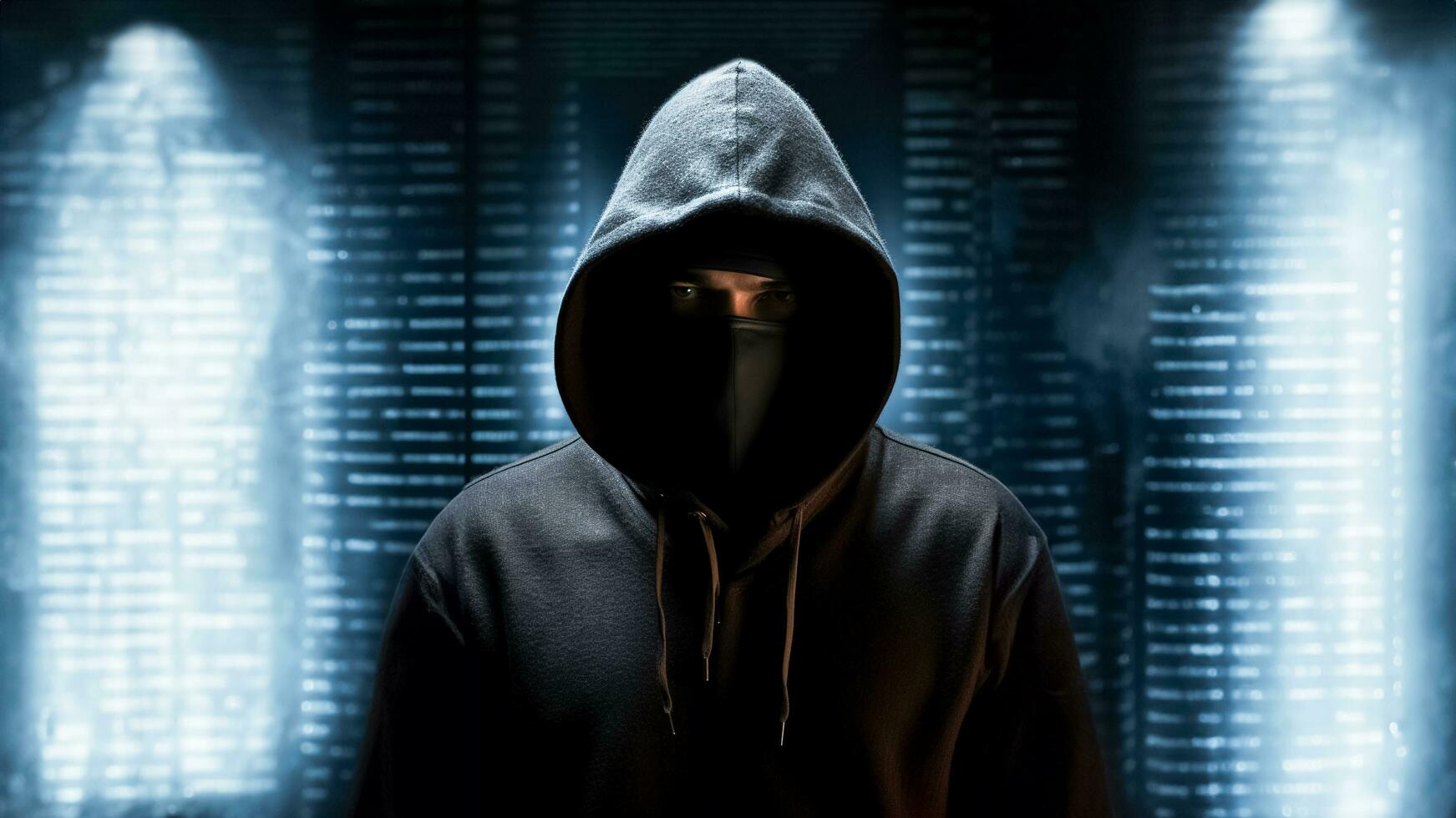 AI generated Hacker man typing on laptop, hacking computer system. male in mask and hoodie .AI Generated photo