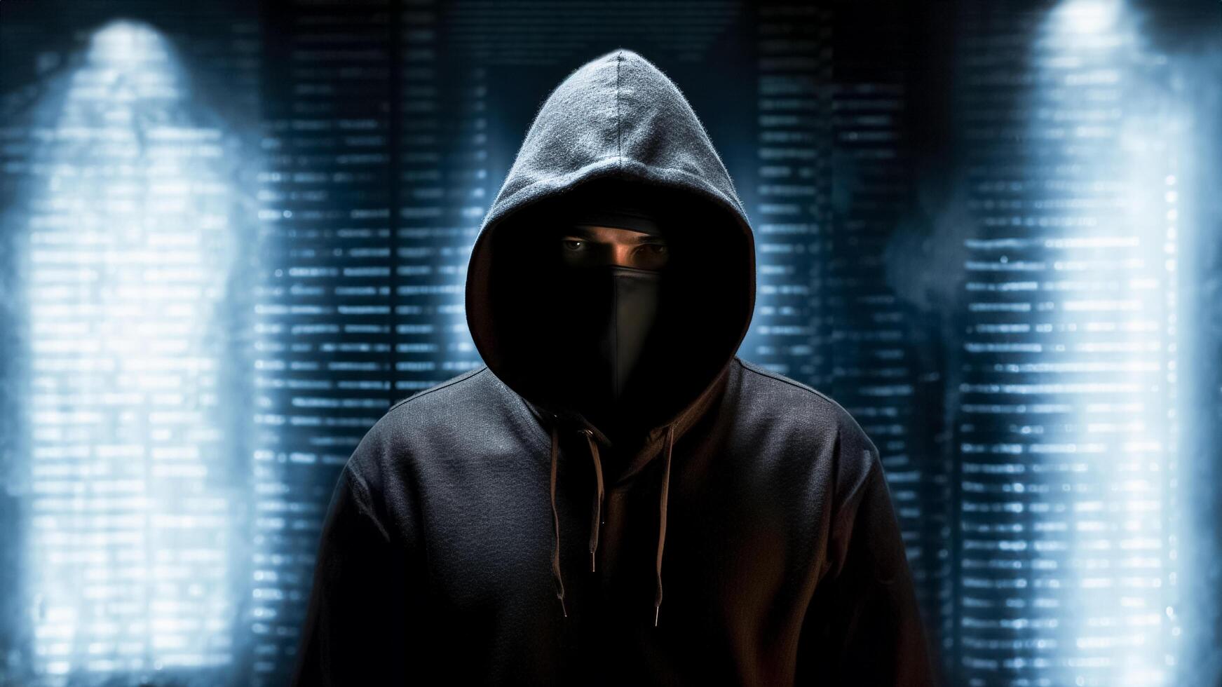 AI generated Hacker man typing on laptop, hacking computer system. male in mask and hoodie .AI Generated photo