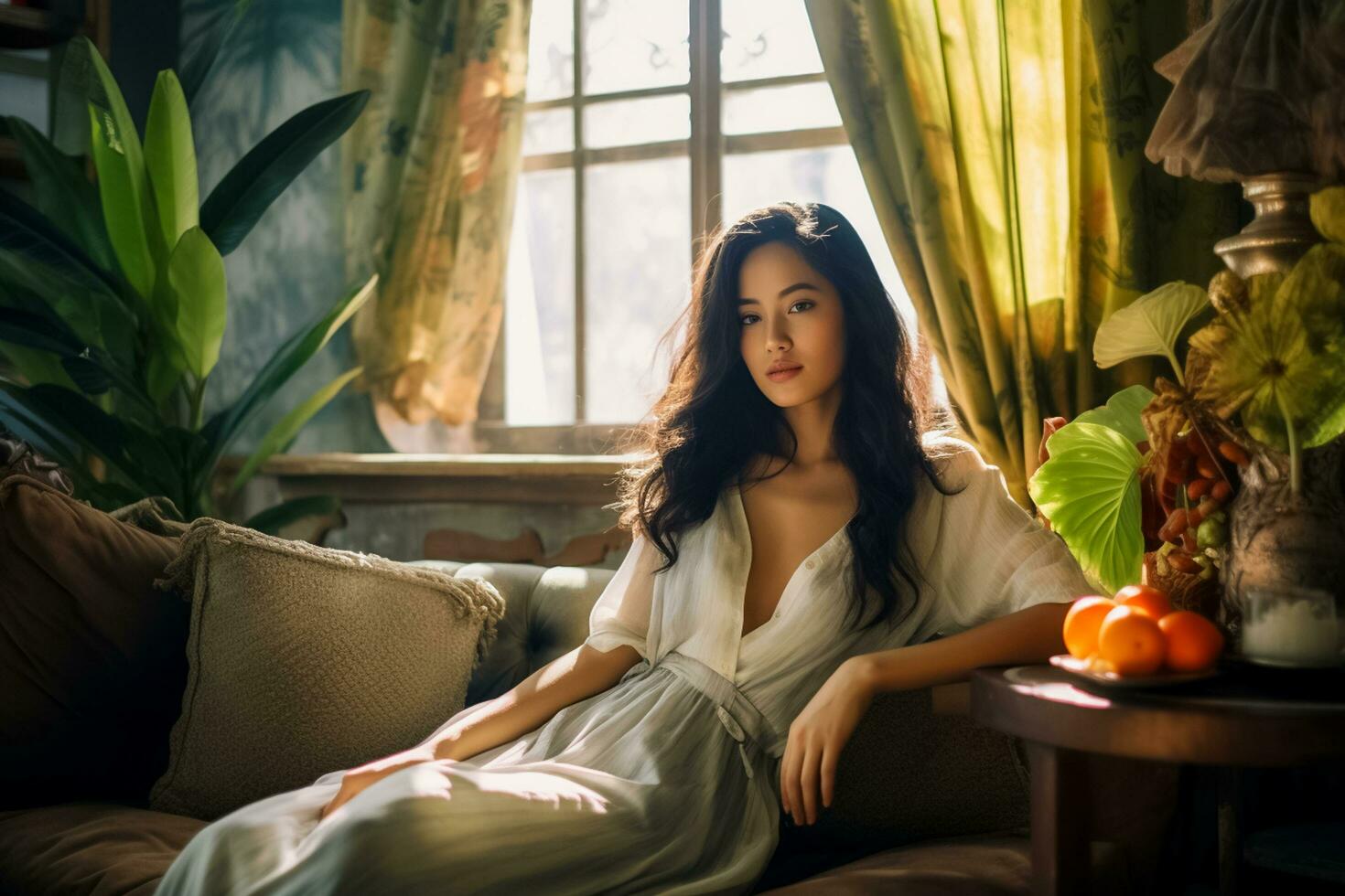 AI generated photo Happy beautiful young asian woman relaxing on sofa reading book in living room.AI Generated