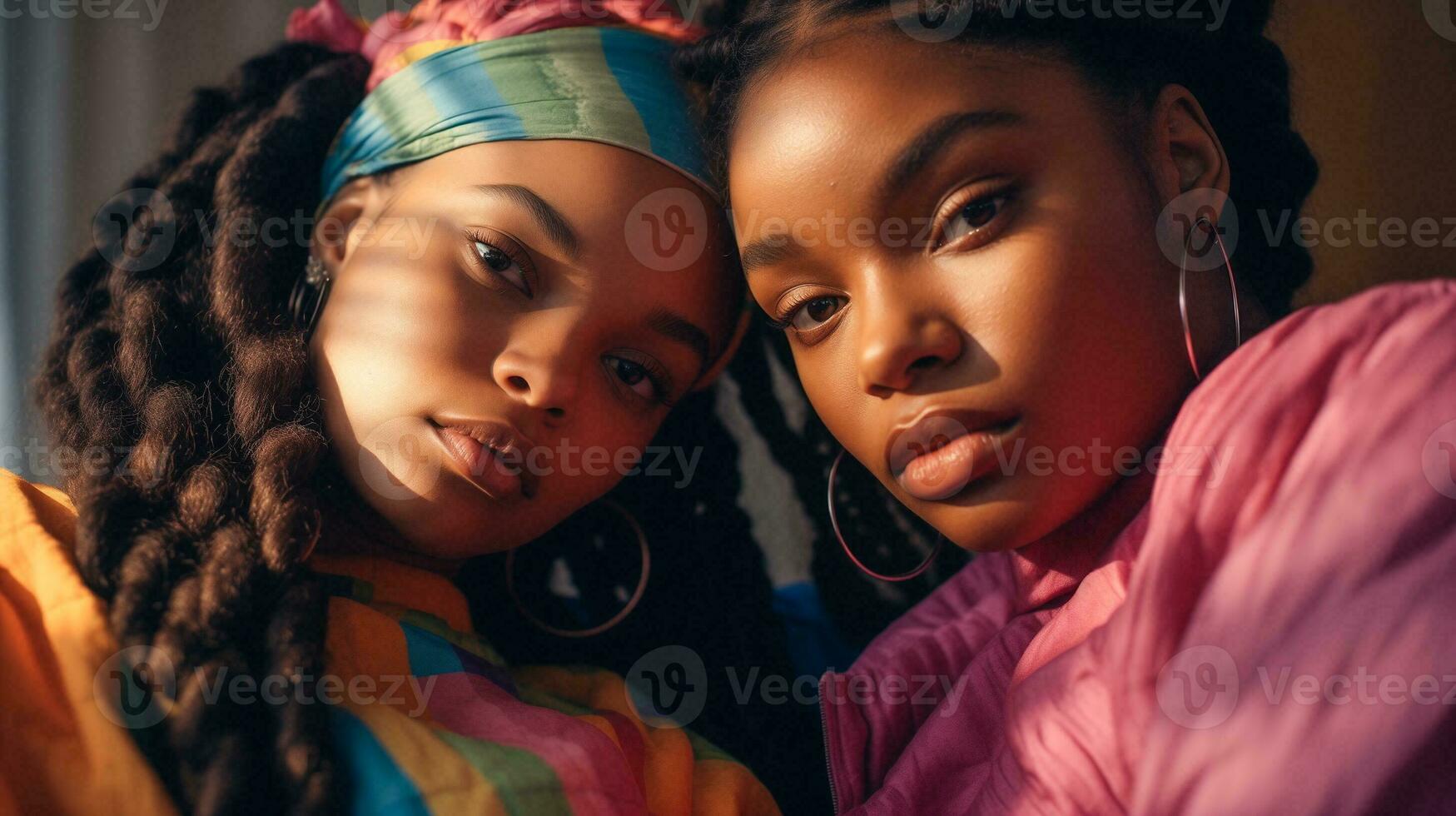 ai generado espalda a el años 90 positivo vibraciones afro americano chicas. foto