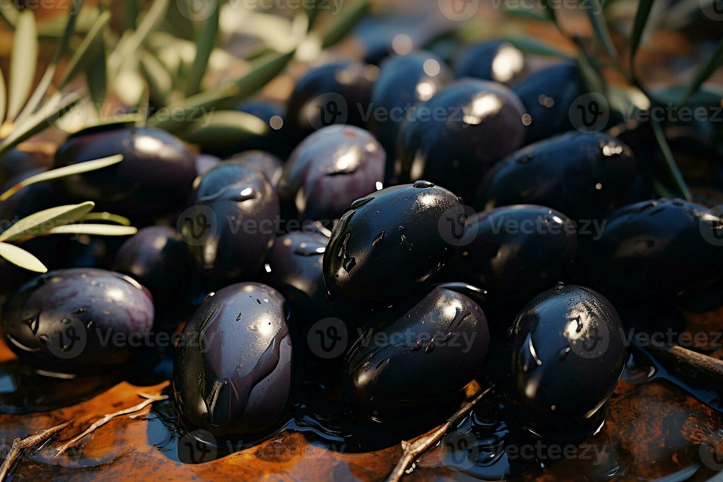 ai generado cosecha Fresco negro aceitunas Fruta en el jardín foto