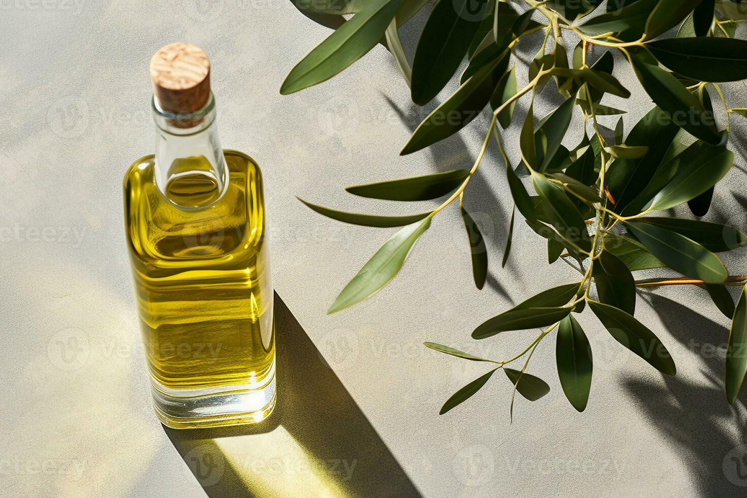 AI generated Healthy Olive Oil in Bottle with Leaves photo