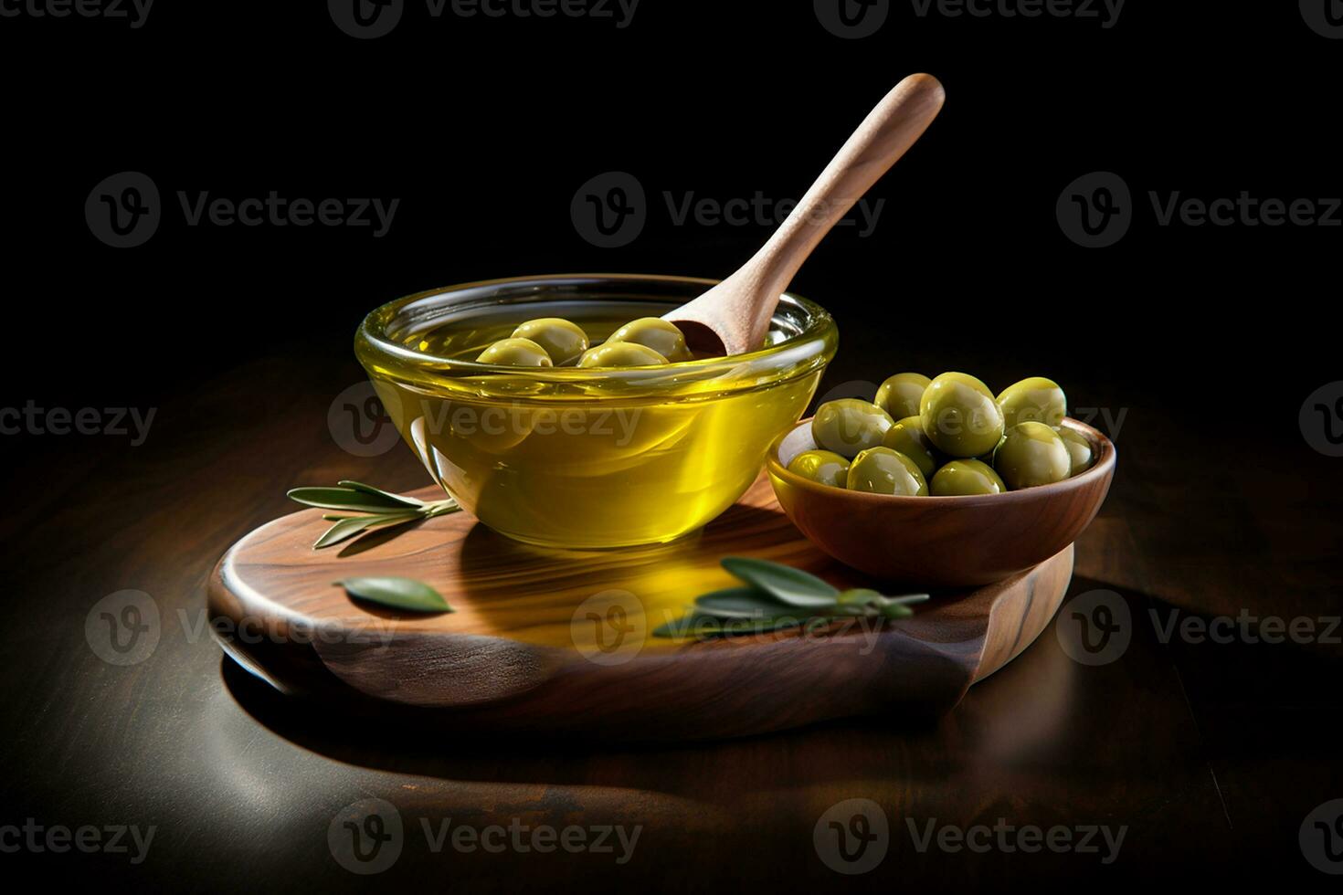 AI generated Olive Fruit Oil in Small Bowl on Wooden Table photo