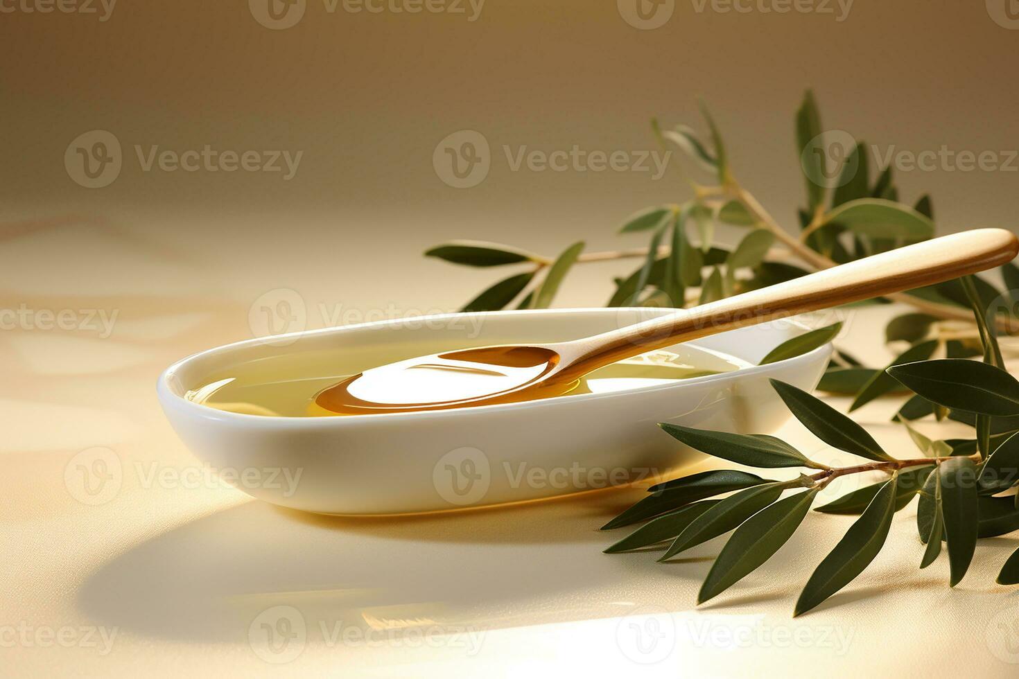 AI generated Olive Oil in Small Bowl with Spoon on Bright Background photo