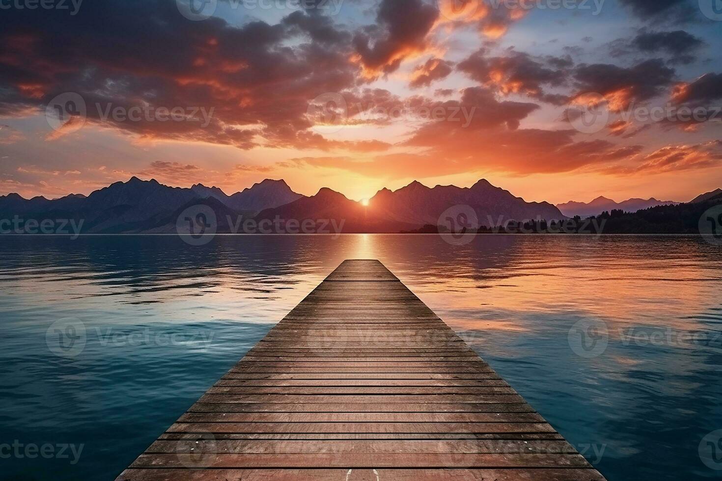 AI generated Wooden Bridge with Beautiful Lake Landscape and Mountains at Sunrise photo