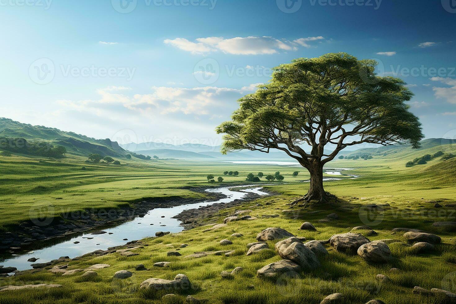 AI generated Nature Landscape with River in Green Meadow photo