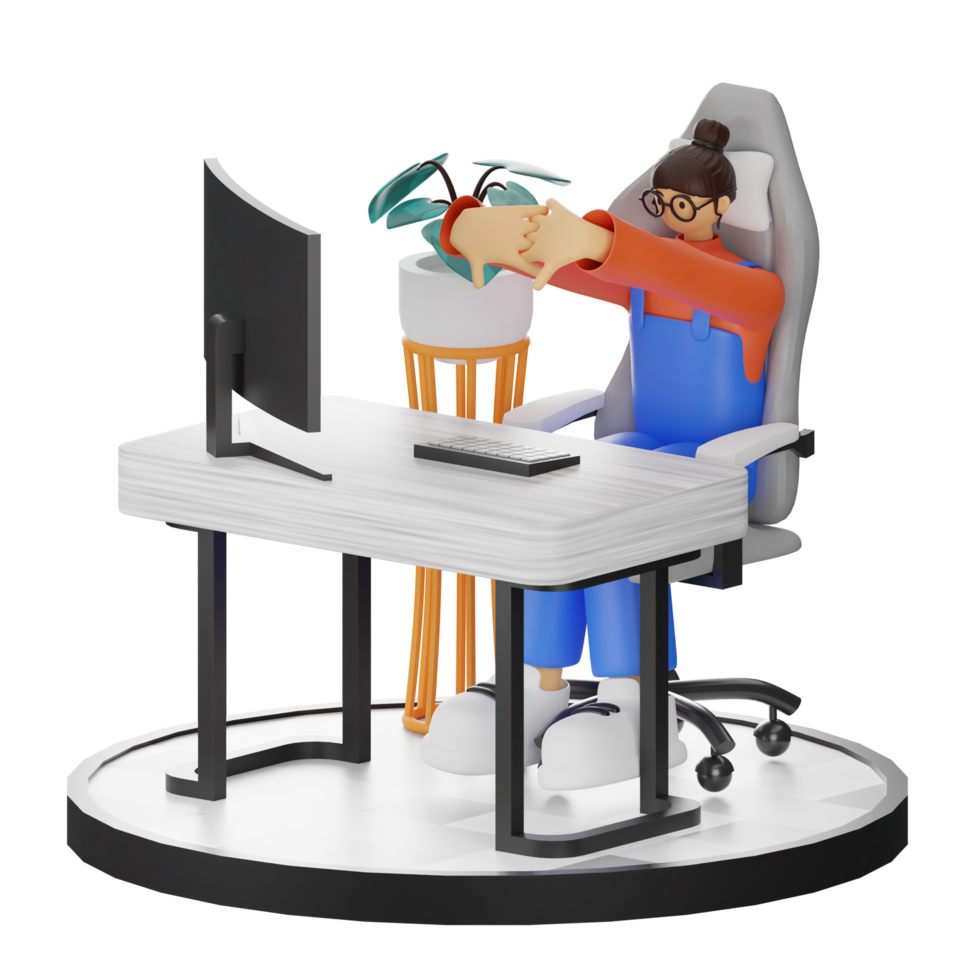 A Teenage Girl Stretching in 3D Illustration at the Computer Desk png