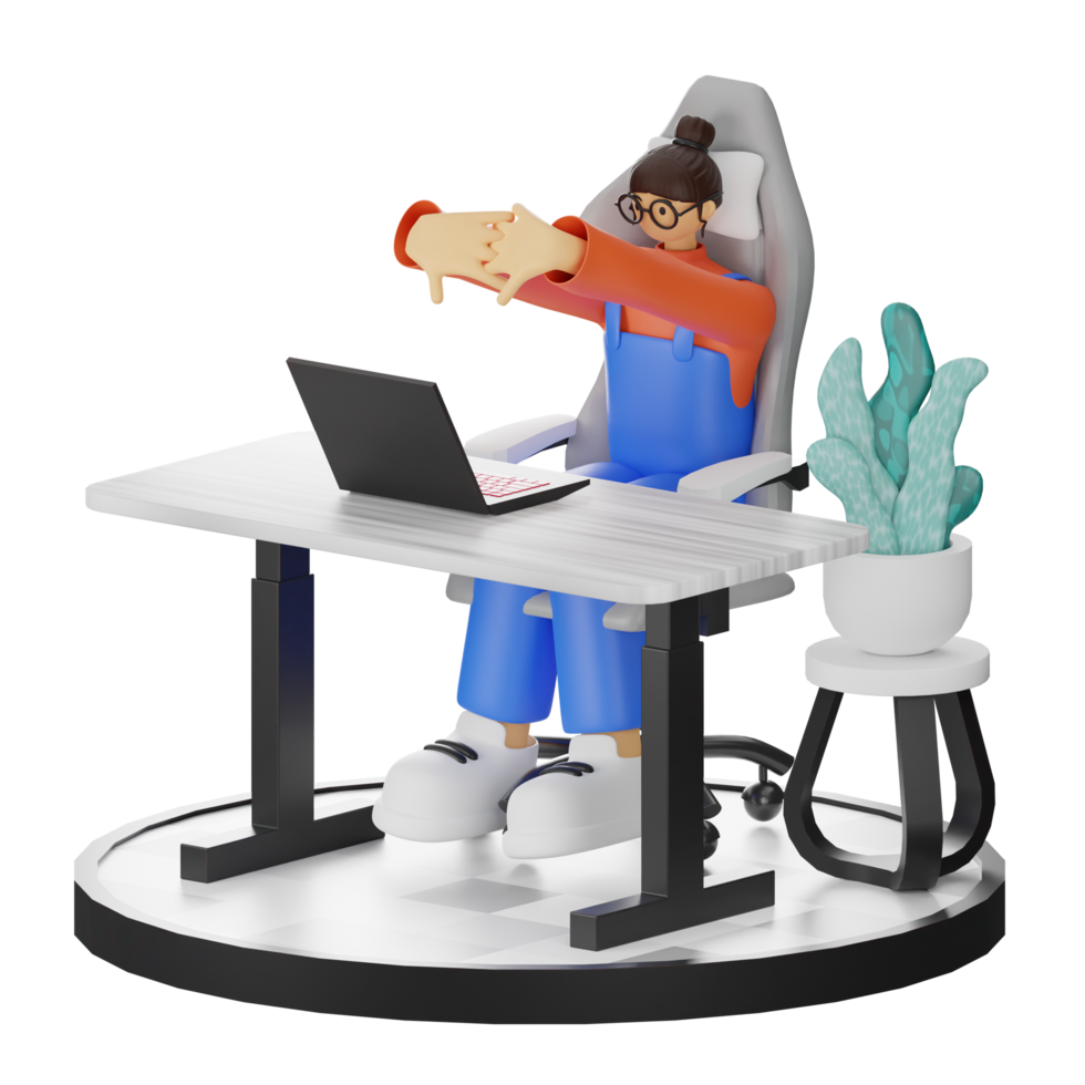 A Teenage Girl Stretching in 3D Illustration at the Computer Desk png