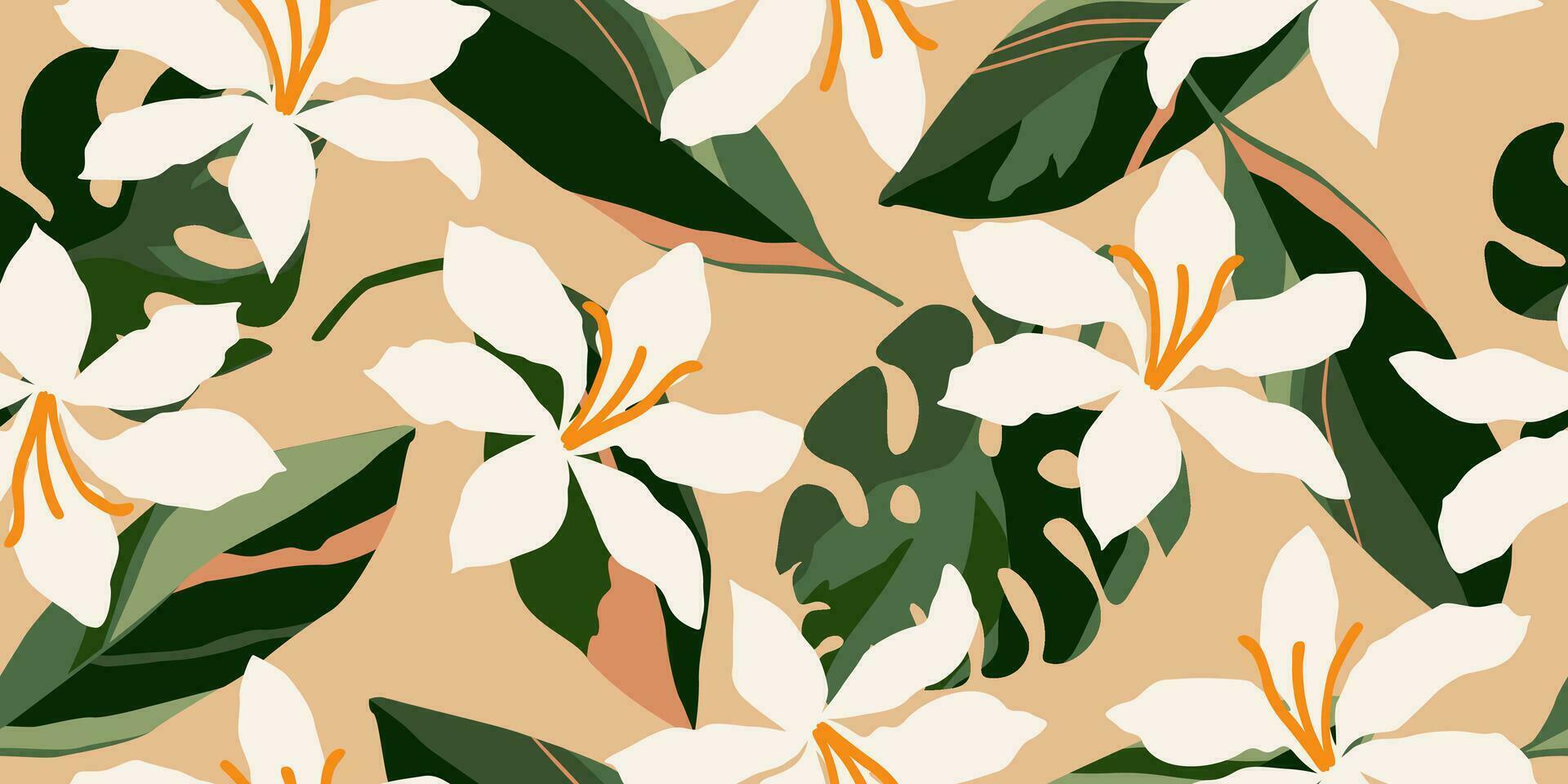 Hand drawn tropical flowers, seamless patterns with floral for fabric, textiles, clothing, wrapping paper, cover, banner, interior decor, abstract backgrounds. vector illustration.