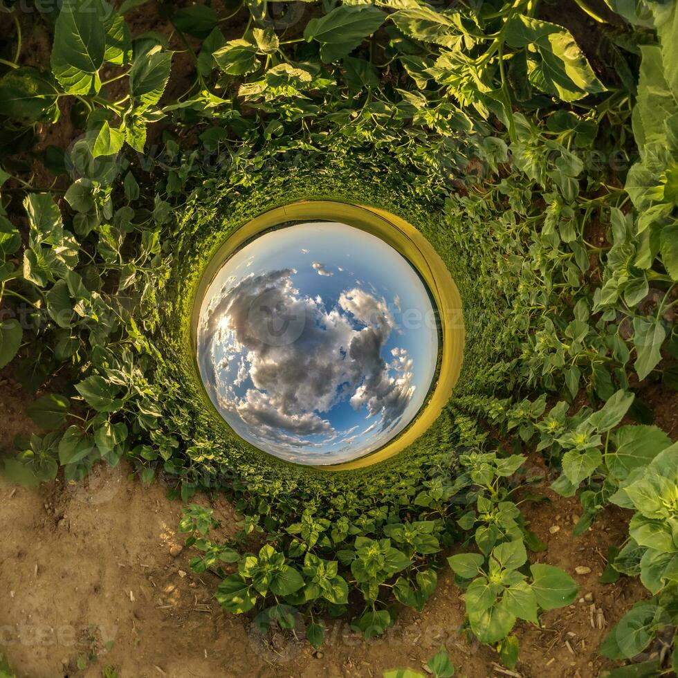 blue hole sphere little planet inside green grass round frame background photo