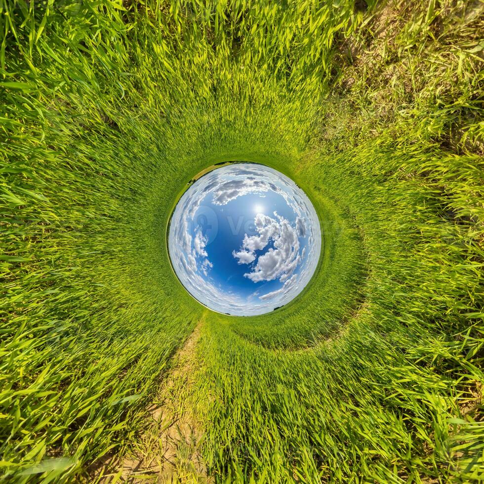 agujero azul esfera pequeño planeta dentro de hierba verde fondo de marco redondo foto