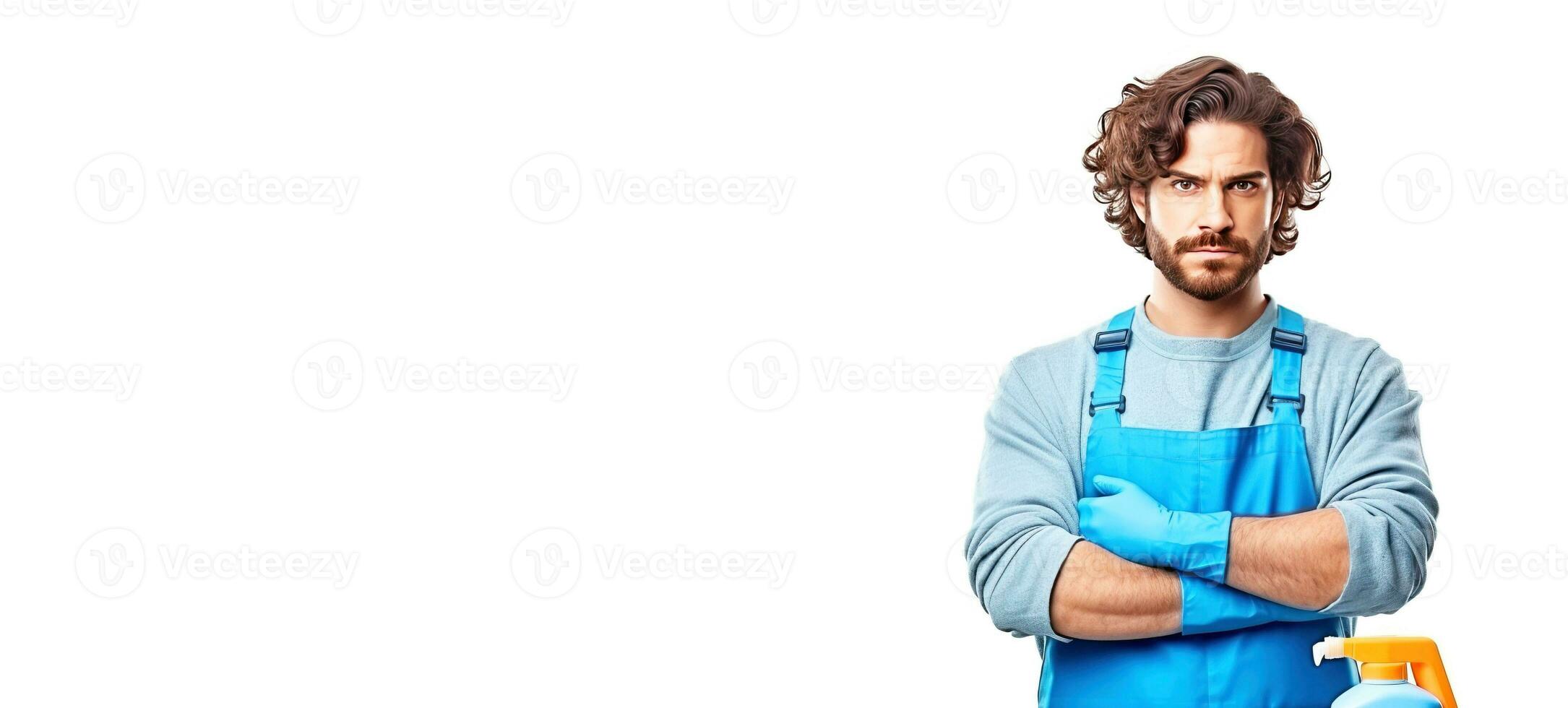 AI generated Smiling male professional cleaner with tools in service uniform, white background isolate. photo