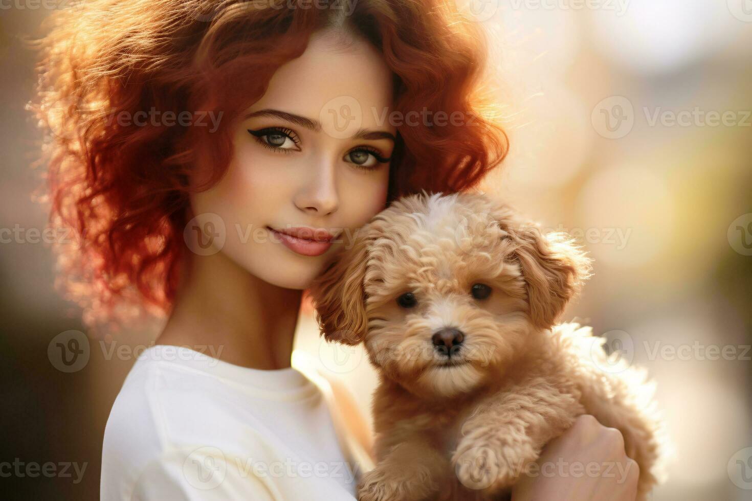 AI generated A beautiful young woman holds a small toy poodle puppy in her arms, looking at the camera. Close-up, blurred background. The concept of love and care for pets. A dog is man's friend photo