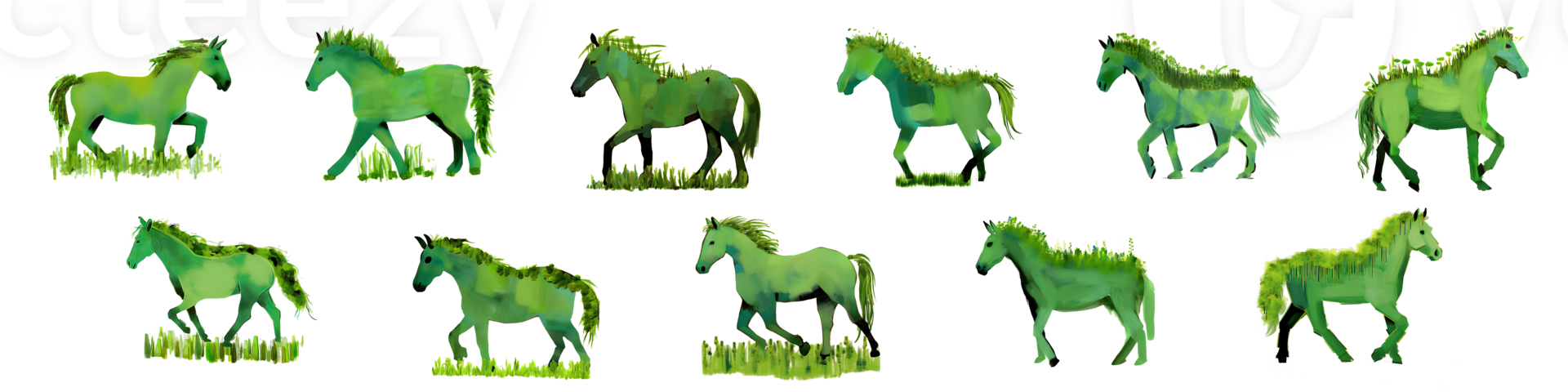 AI generated A group of Green color drawing horse on transparent background png