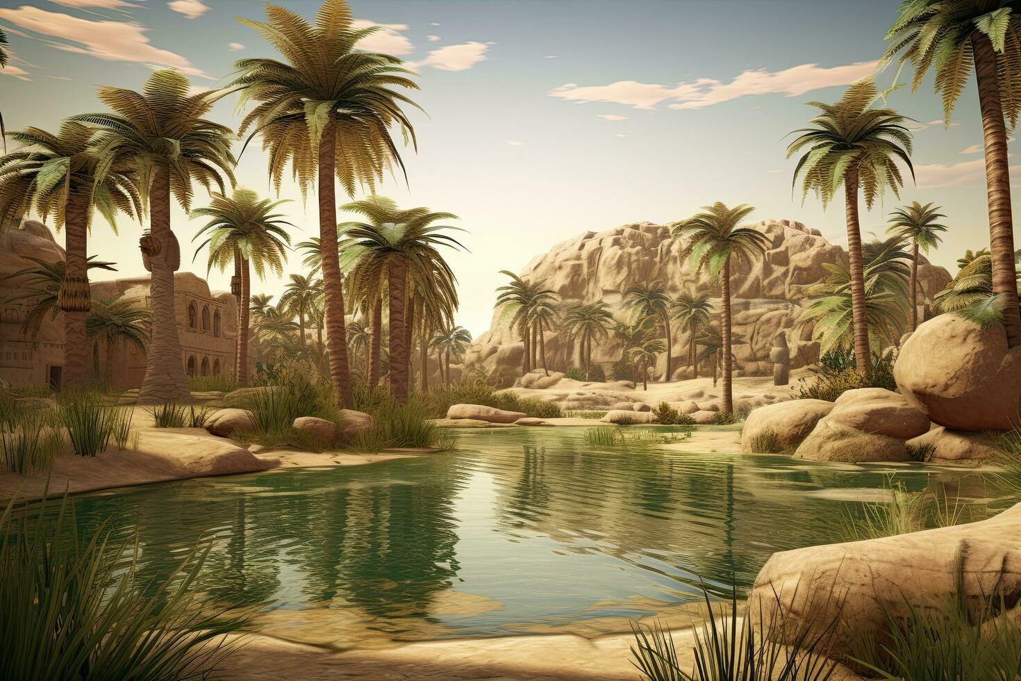 AI generated Fantasy landscape with palm trees and lake. 3D illustration, AI Generated photo
