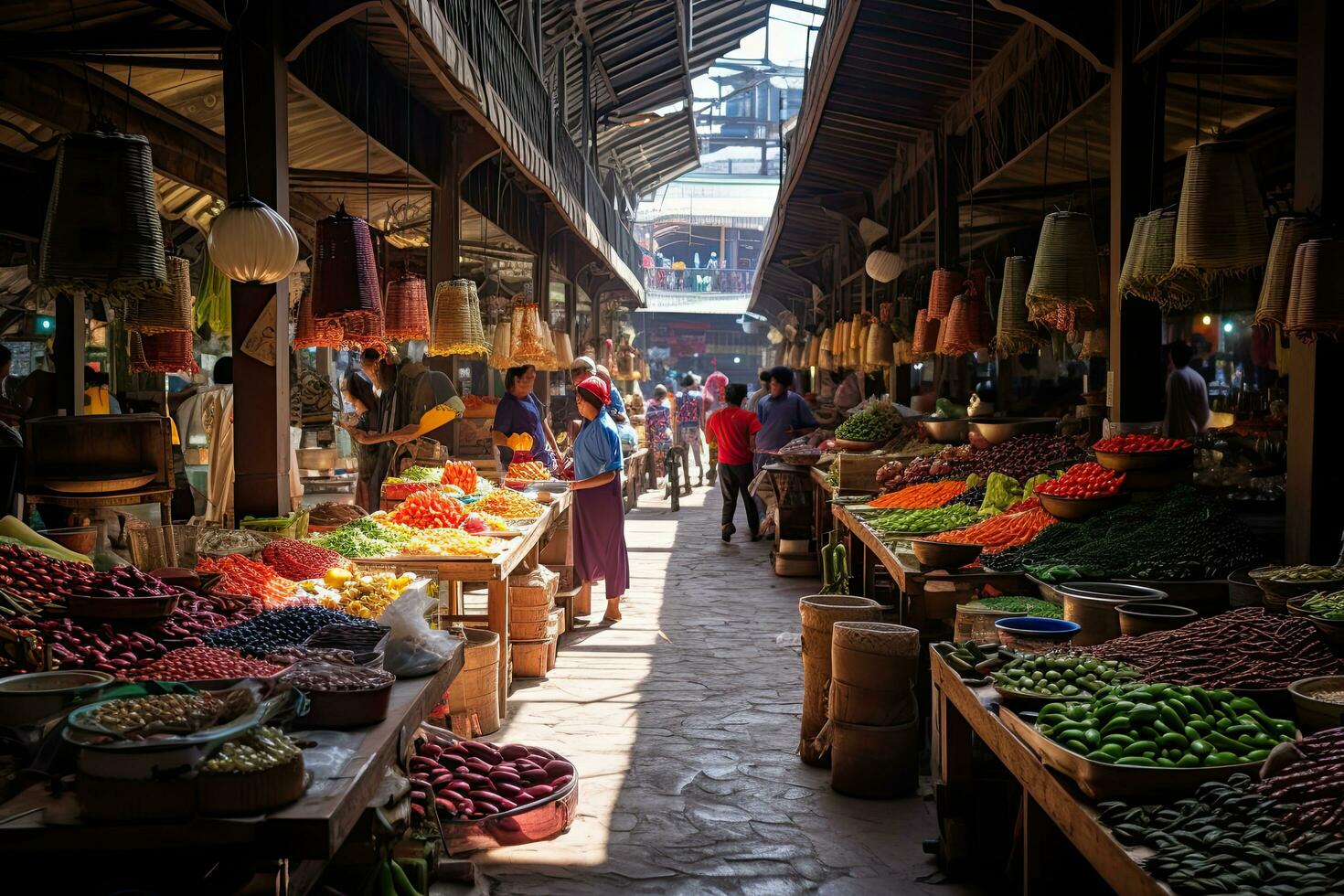 AI generated Local market in the old town of Chiang Rai in North Thailand, AI Generated photo