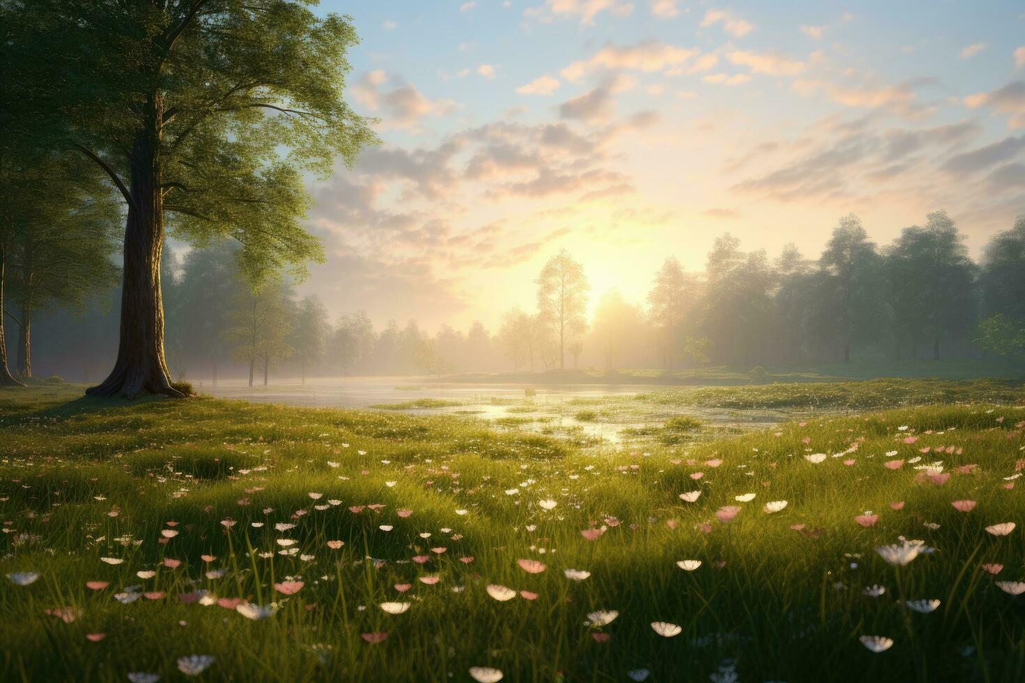 AI generated Beautiful sunrise in the misty meadow with a tree and flowers, A tranquil springtime meadow in the early morning covered in dew and flower buds, AI Generated photo