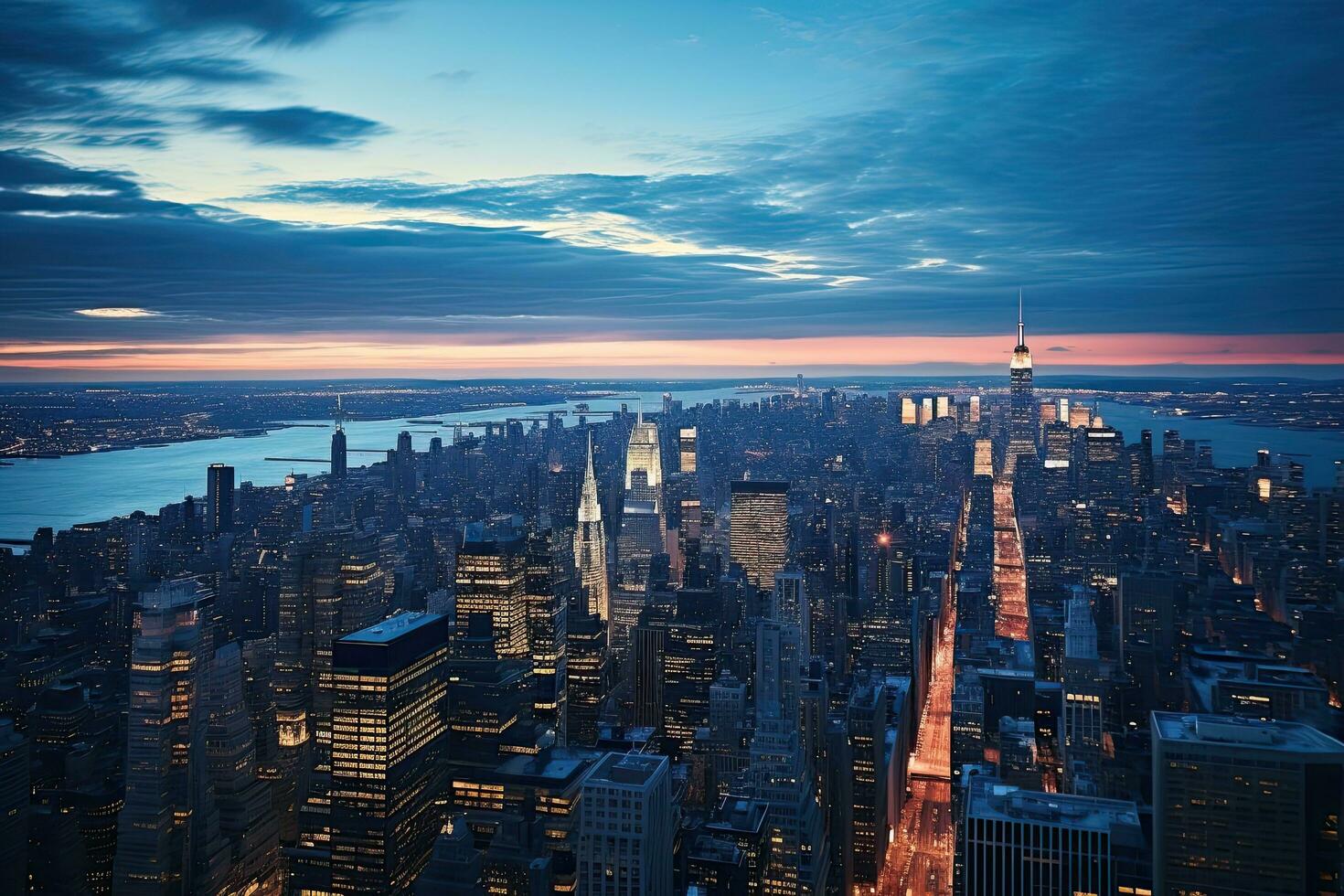 AI generated New York City Manhattan midtown skyline with Empire State Building at sunset, Aerial view of a wheat field with arable land and maze, AI Generated photo