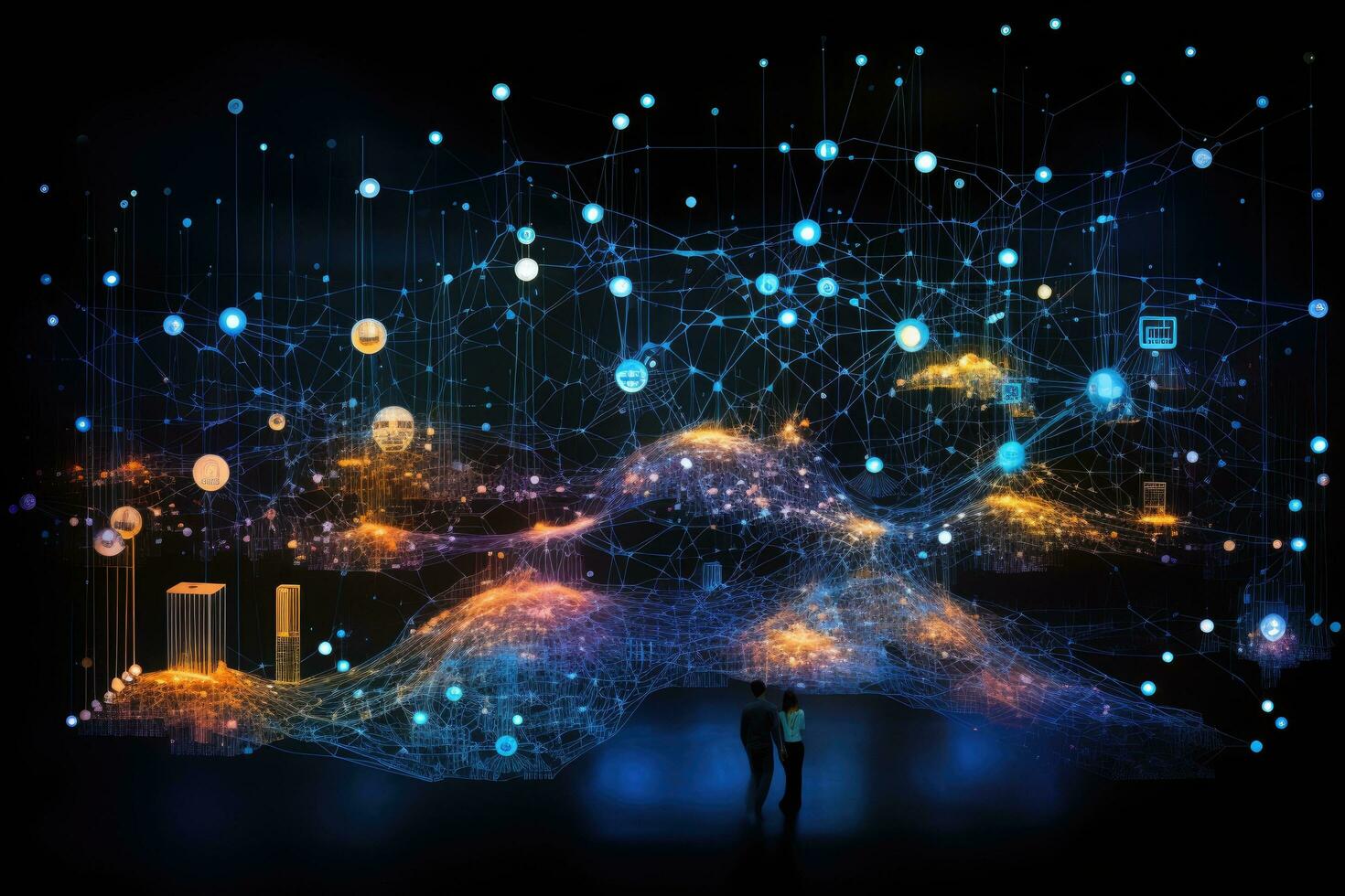 AI generated Conceptual image of businessman looking at network hologram over city, Abstract visualization of the Internet of Things, AI Generated photo