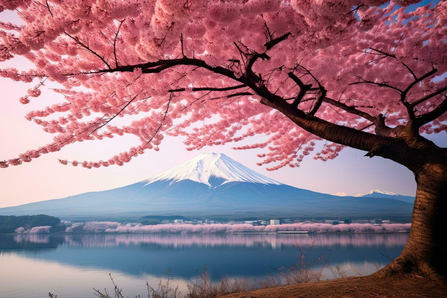 AI generated Mount Fuji and Cherry Blossom at Kawaguchiko lake, Japan, AI Generated photo