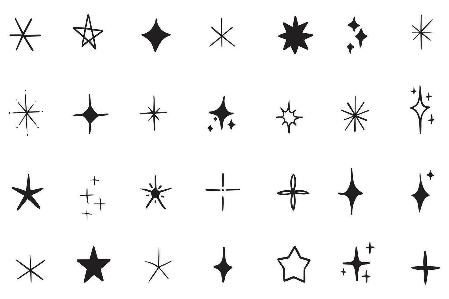 Vector set of Y2K stars, starburst and retro futuristic graphic ornaments for decoration. Set of star shapes. Templates for design, posters, projects, banners, logo, and business cards. Vector