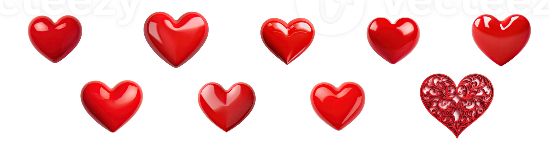 AI generated Group of 9 Red Heart Isolated On Transparent Background. Realistic Romantic Element. For Wedding, Anniversary, Birthday, Valentine's Day, png