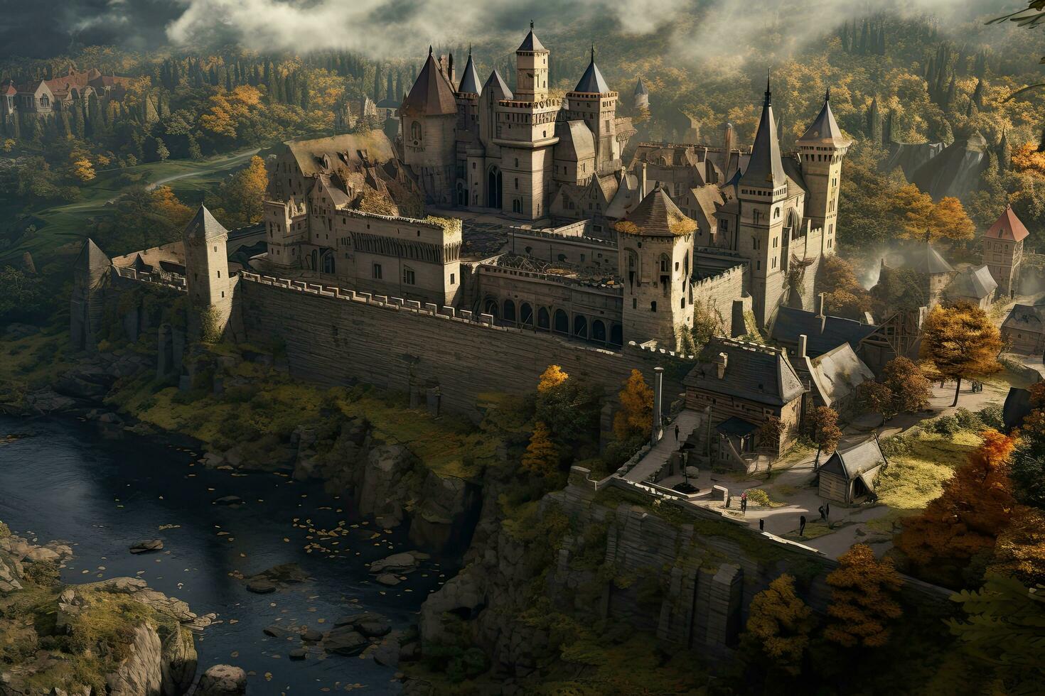 AI generated Fantasy landscape with castle in the mountains. 3D illustration, AI Generated photo