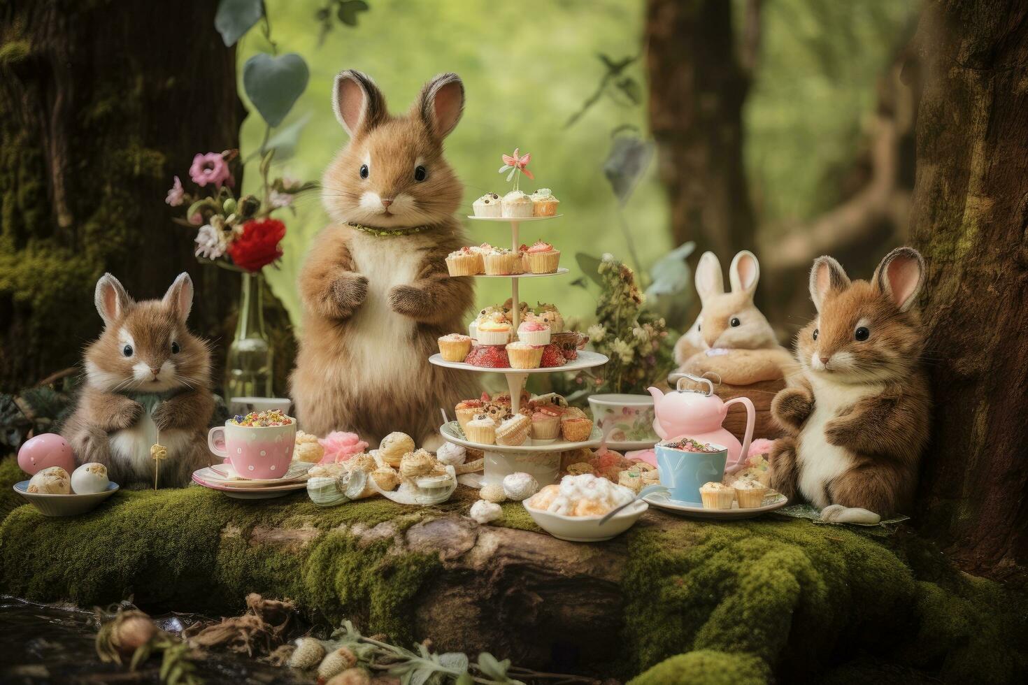 AI generated Easter bunny in the garden with a lot of sweets and cakes, A tea party in the forest with adorable woodland creatures and pastel decorations, AI Generated photo