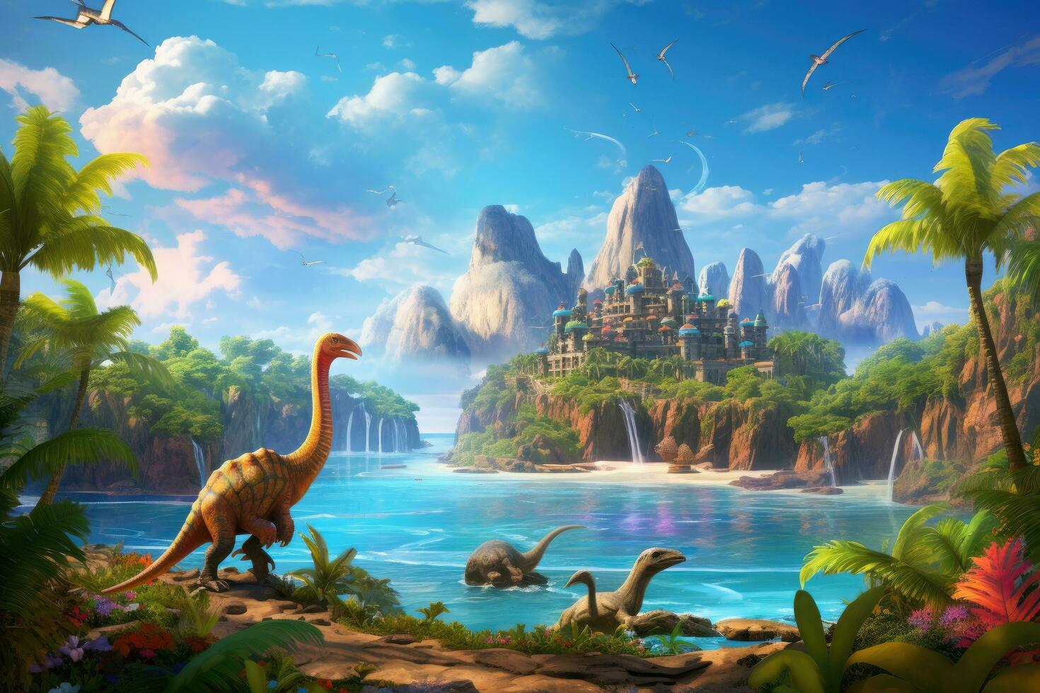 AI generated Fantasy landscape with dinosaurs in the jungle. 3d render illustration, A tropical magical island with baby dinosaurs playing and colorful plants, AI Generated photo