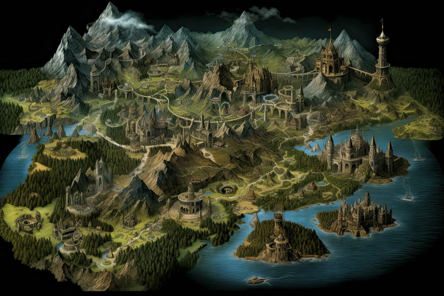 AI generated Fantasy landscape with castle and lake. 3D rendering illustration, AI Generated photo