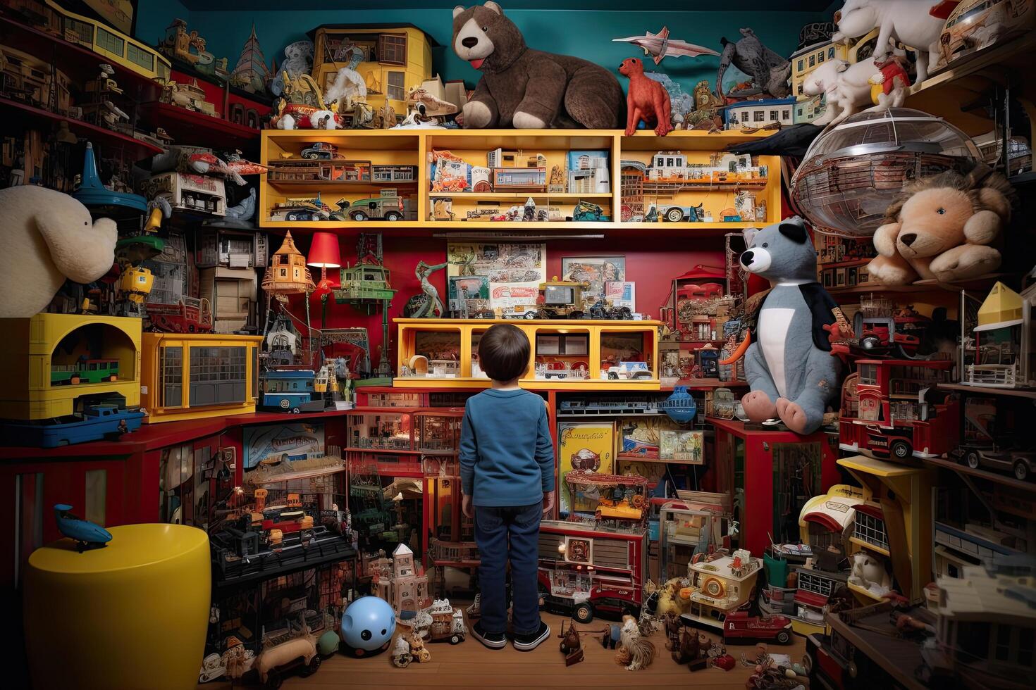 AI generated A boy is playing with a collection of toys in a toy store, AI Generated photo