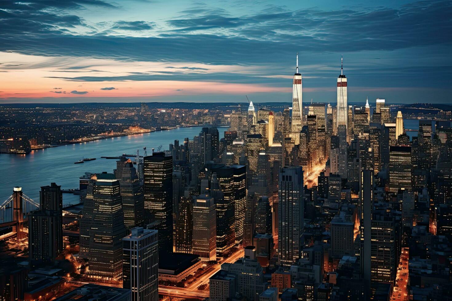 ai generado nuevo York ciudad horizonte a puesta de sol con imperio estado edificio y rascacielos, aéreo ver de un trigo campo con cultivable tierra y laberinto, ai generado foto