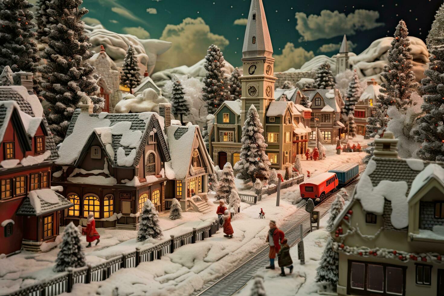 AI generated Snow covered Christmas town with Santa Claus in the background. Santa Claus and his helpers, AI Generated photo