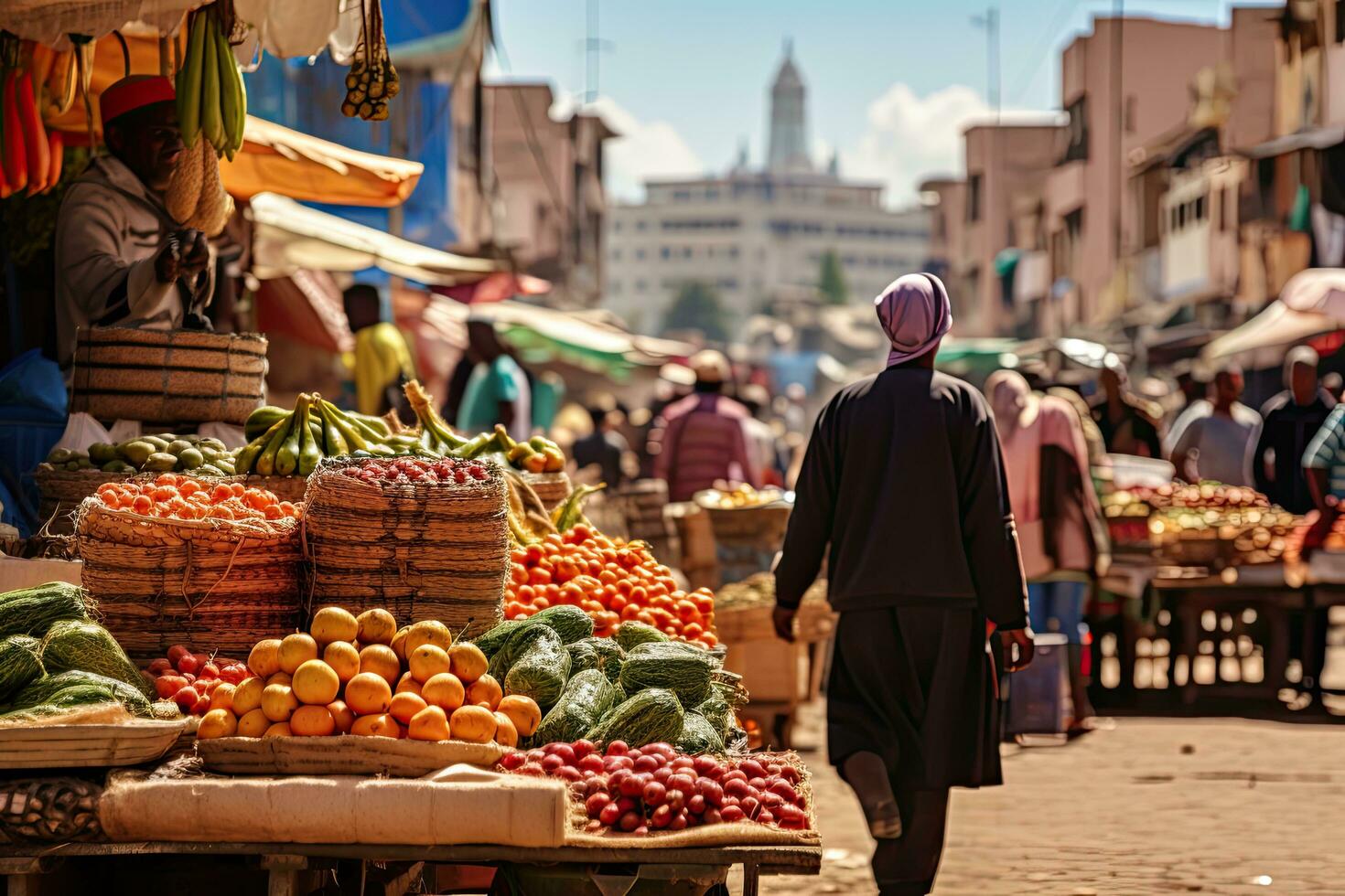 ai generado Fruta mercado en marrakech, Marruecos, África, África foto