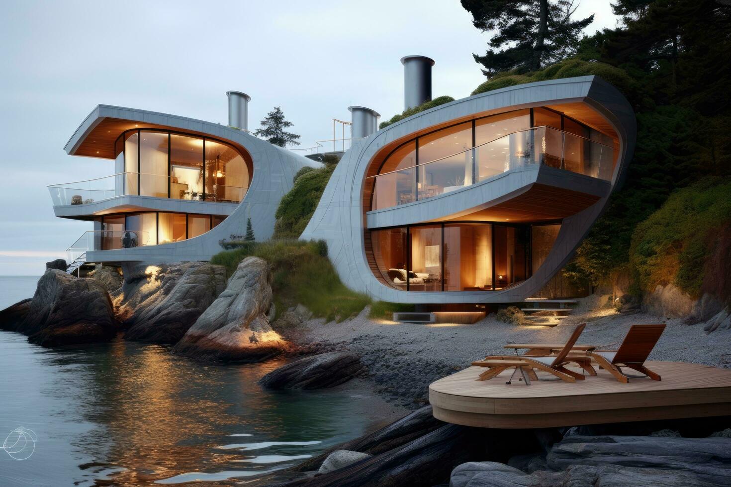 AI generated 3d rendering of modern cozy house with pool and parking for sale or rent, AI Generated photo