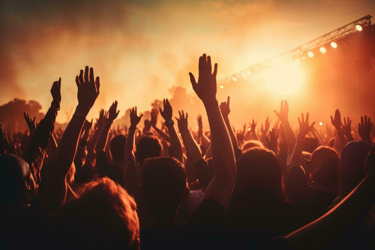 AI generated Crowd cheering at a music festival, hands raised in the air, Crowd raising hands in the air and enjoying a concert at a festival, AI Generated photo