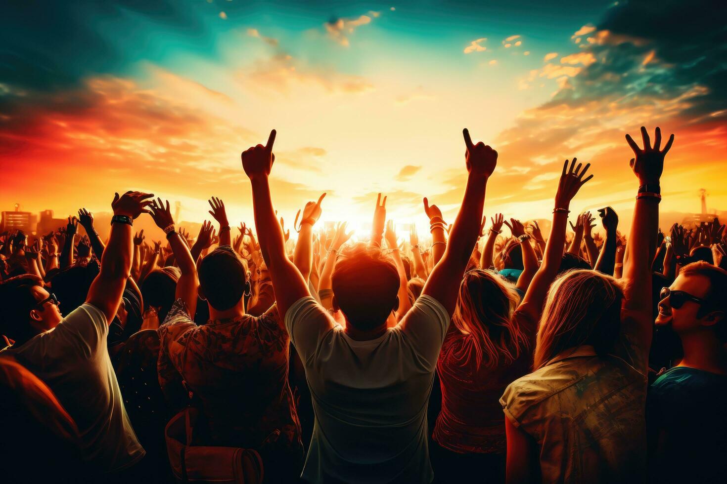 AI generated Crowd cheering at a music festival in front of a sunset sky, Crowd at a concert - summer music festival, AI Generated photo