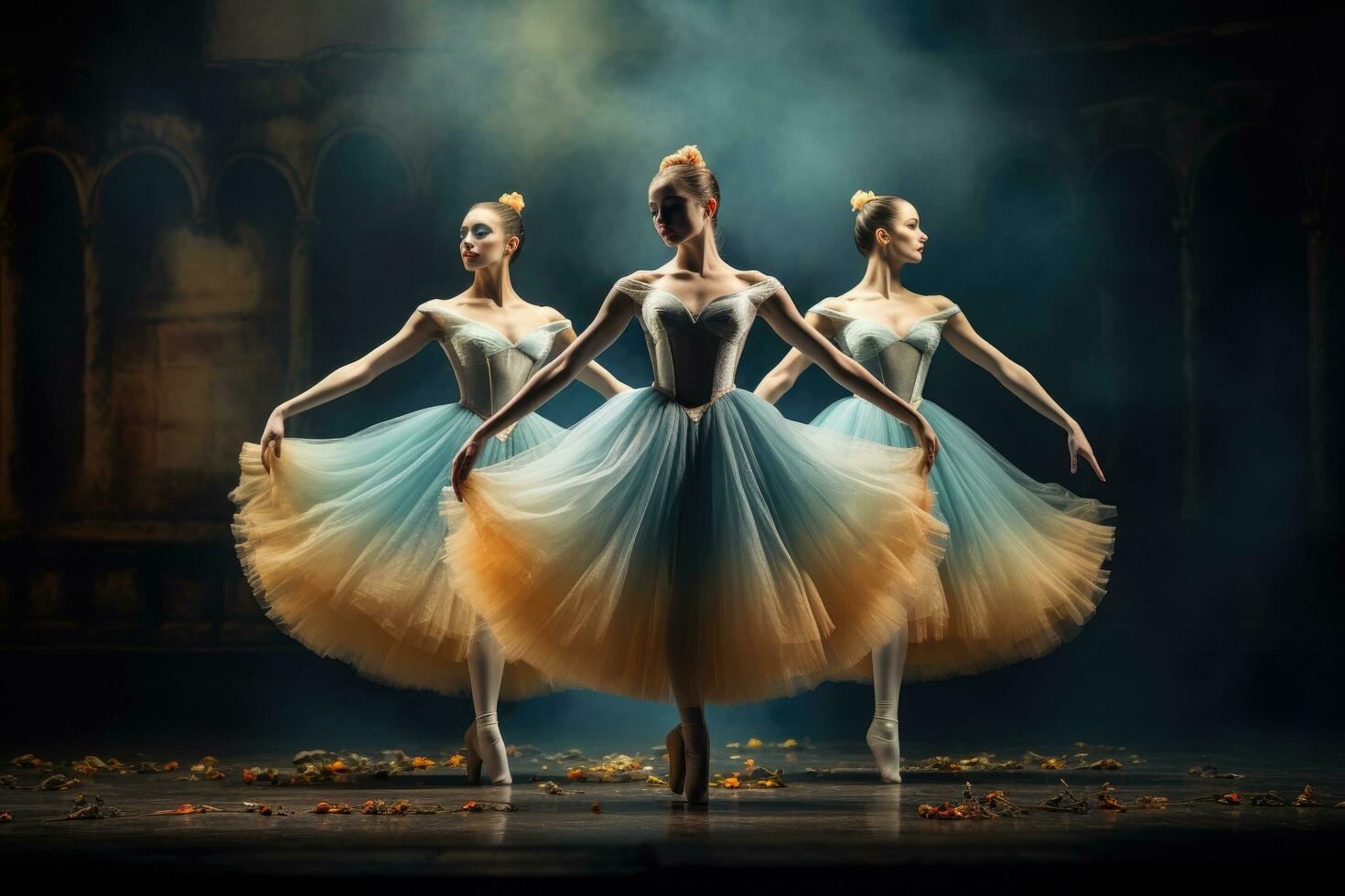 AI generated Three graceful ballerinas in white and blue tutu dancing on dark background, A trio of graceful ballet dancers in mid pose, AI Generated photo