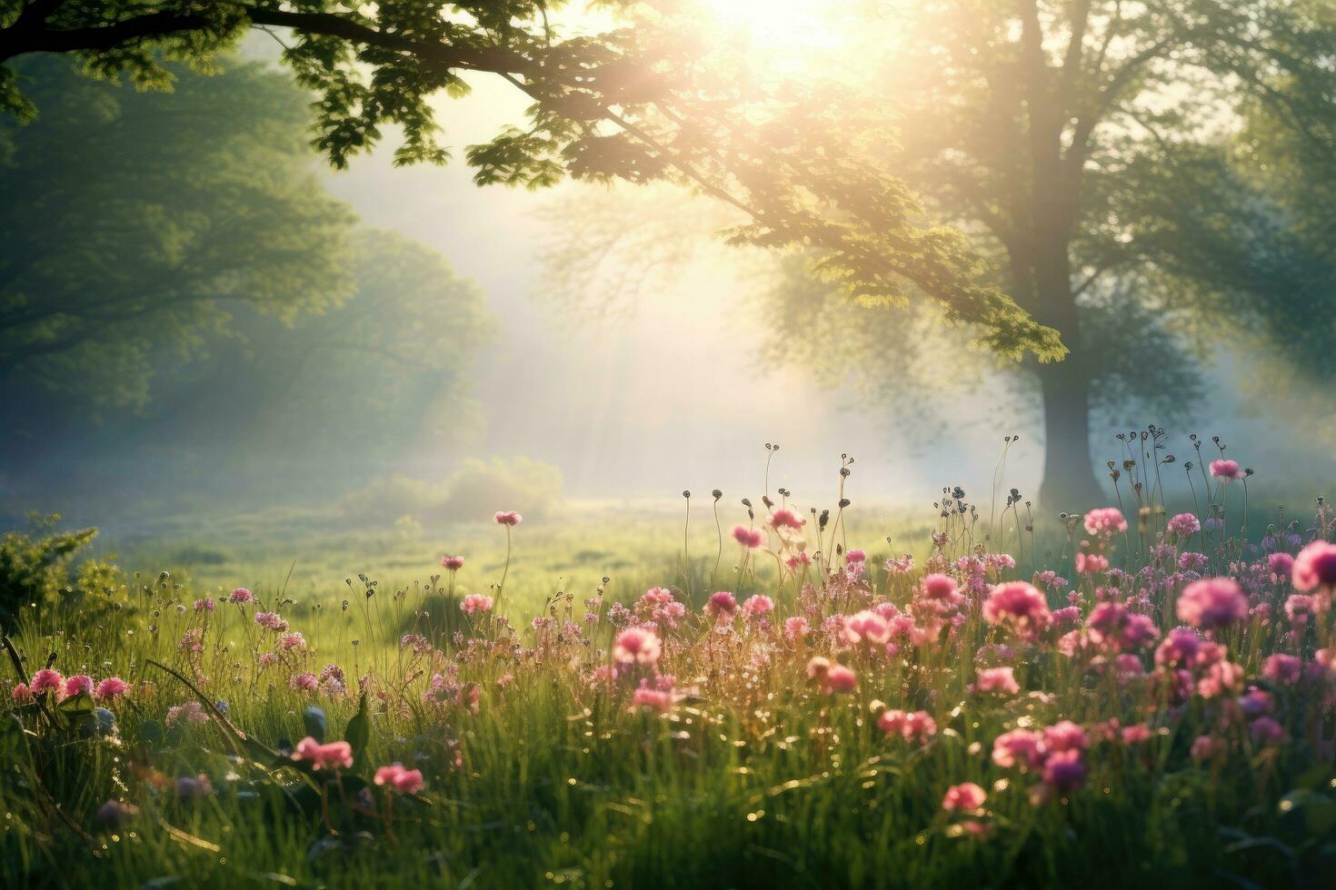 AI generated Beautiful summer meadow with pink flowers, sun rays and fog, A tranquil springtime meadow in the early morning covered in dew and flower buds, AI Generated photo