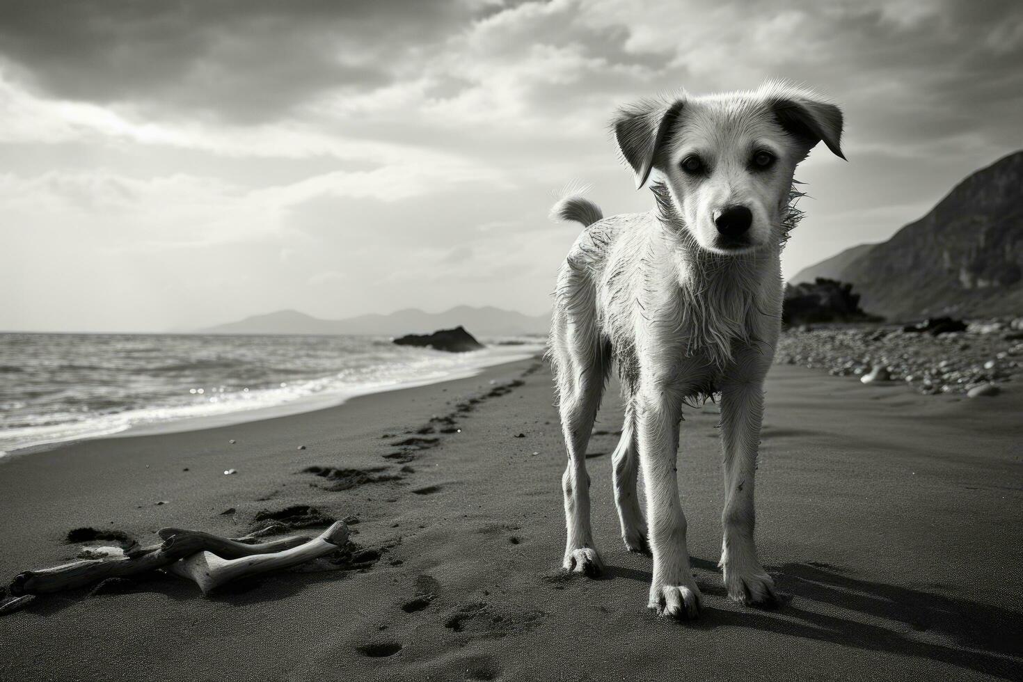 AI generated Dog on the beach at sunset. Black and white photo with copy space, Dog on the beach, AI Generated
