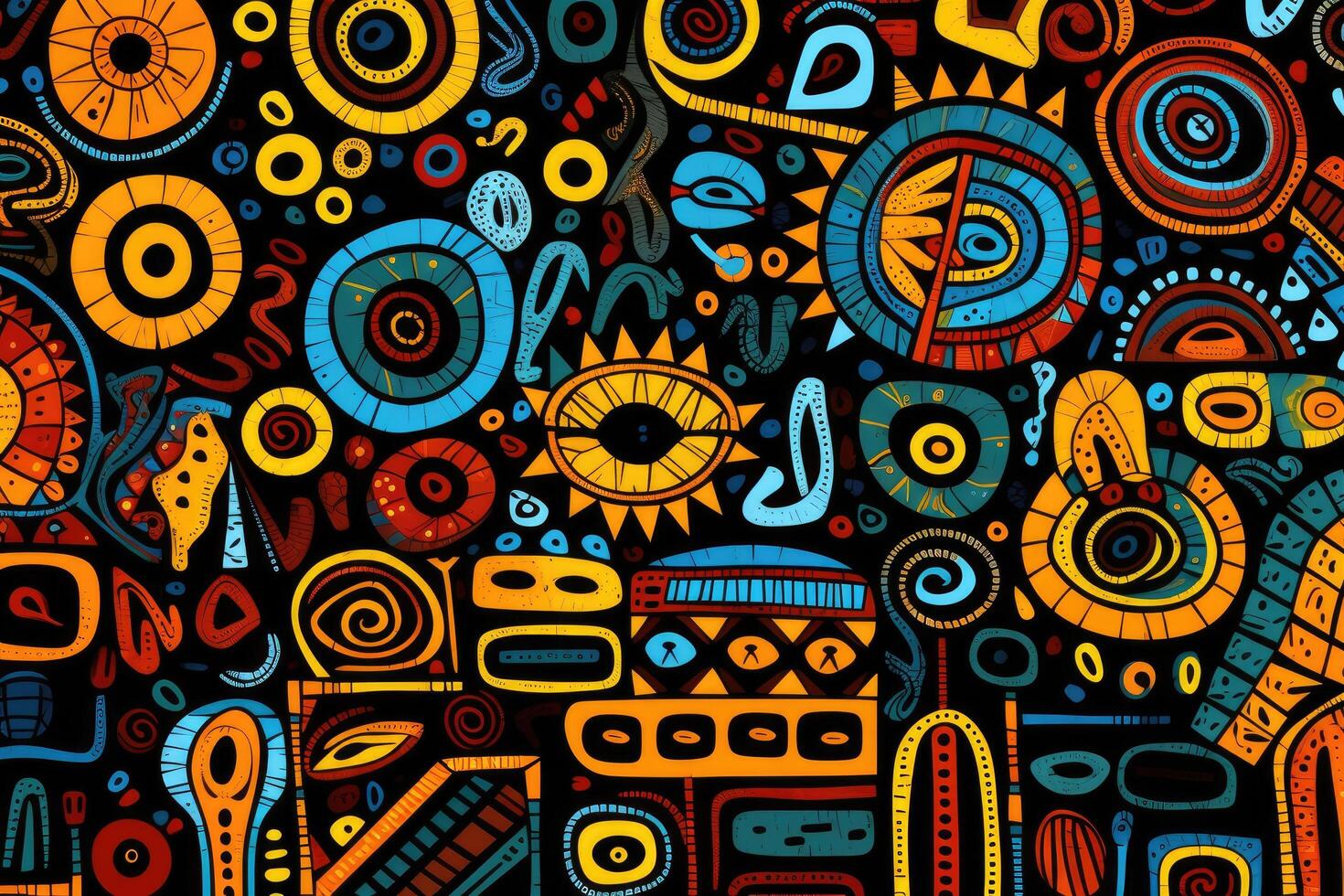 AI generated Cartoon hand-drawn doodles Ethnic seamless pattern. Colorful detailed, with lots of objects background, Colorful African tribal pattern in ethnic fabric, AI Generated photo