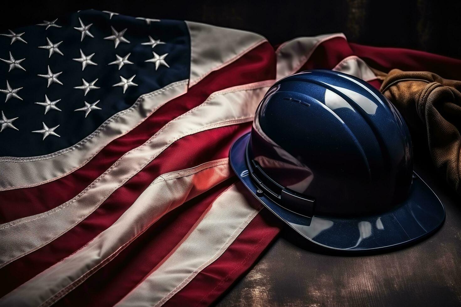 AI generated Helmet and American flag on wooden background. Labor day concept, Construction and manufacturing tools with the patriotic US, USA, American flag on a dark black background, AI Generated photo