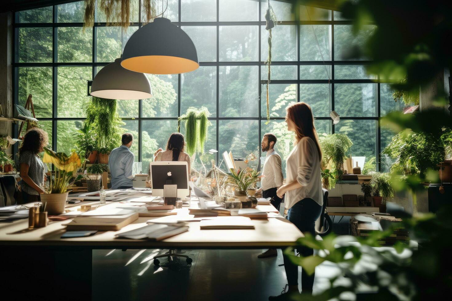 AI generated Group of business people working together on project in modern office. Businessmen and businesswomen sitting at table and using laptop. Teamwork concept, Colleagues working, AI Generated photo