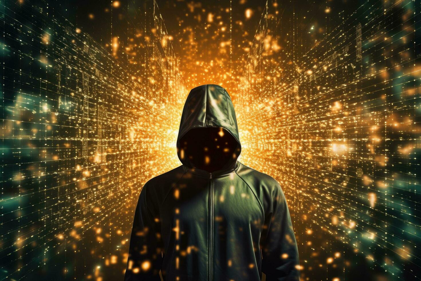 AI generated Back view of hacker standing in front of glowing binary code on dark background, Depict an anonymous hacker surrounded by a network of glowing data, AI Generated photo