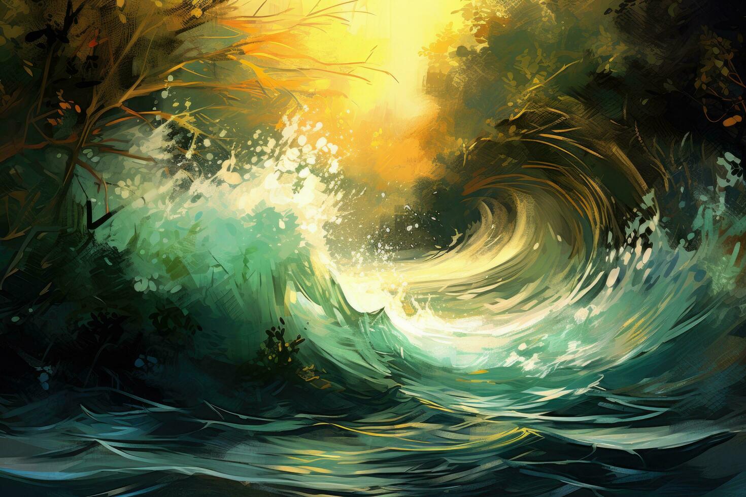 AI generated Surf wave in the sea. Digital painting. Vector illustration, Digital abstract impressionism painting of a tidal wave and woodland colliding in nature, AI Generated photo