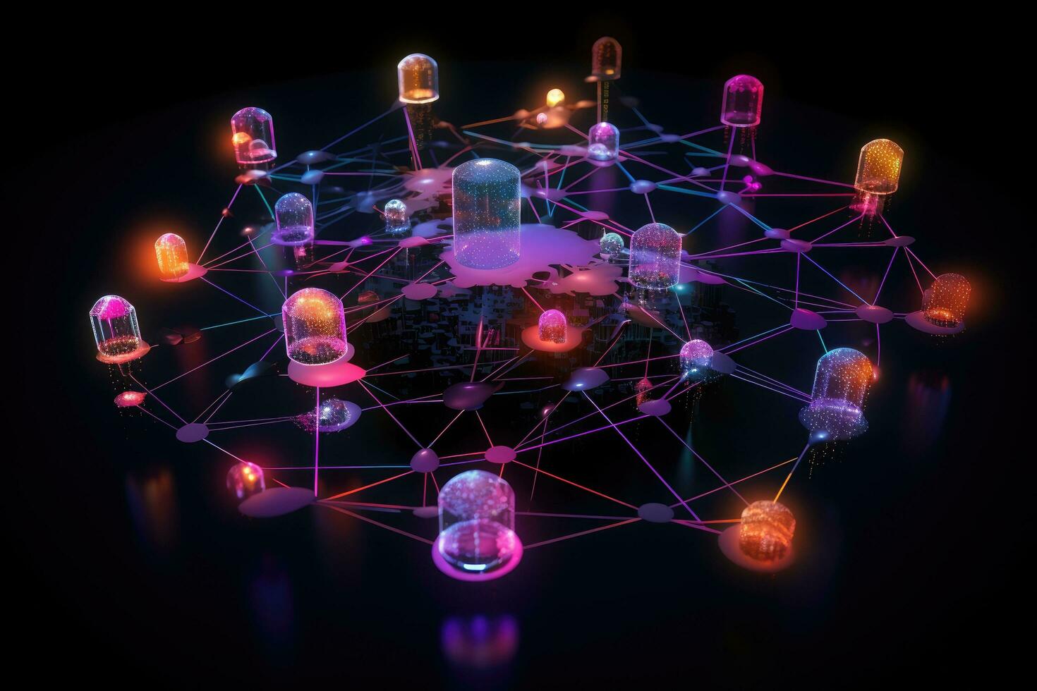 AI generated Global network concept on dark background. 3D rendering. Neon lights, Cyber big data flow, blockchain data fields, and network line connect stream, AI Generated photo