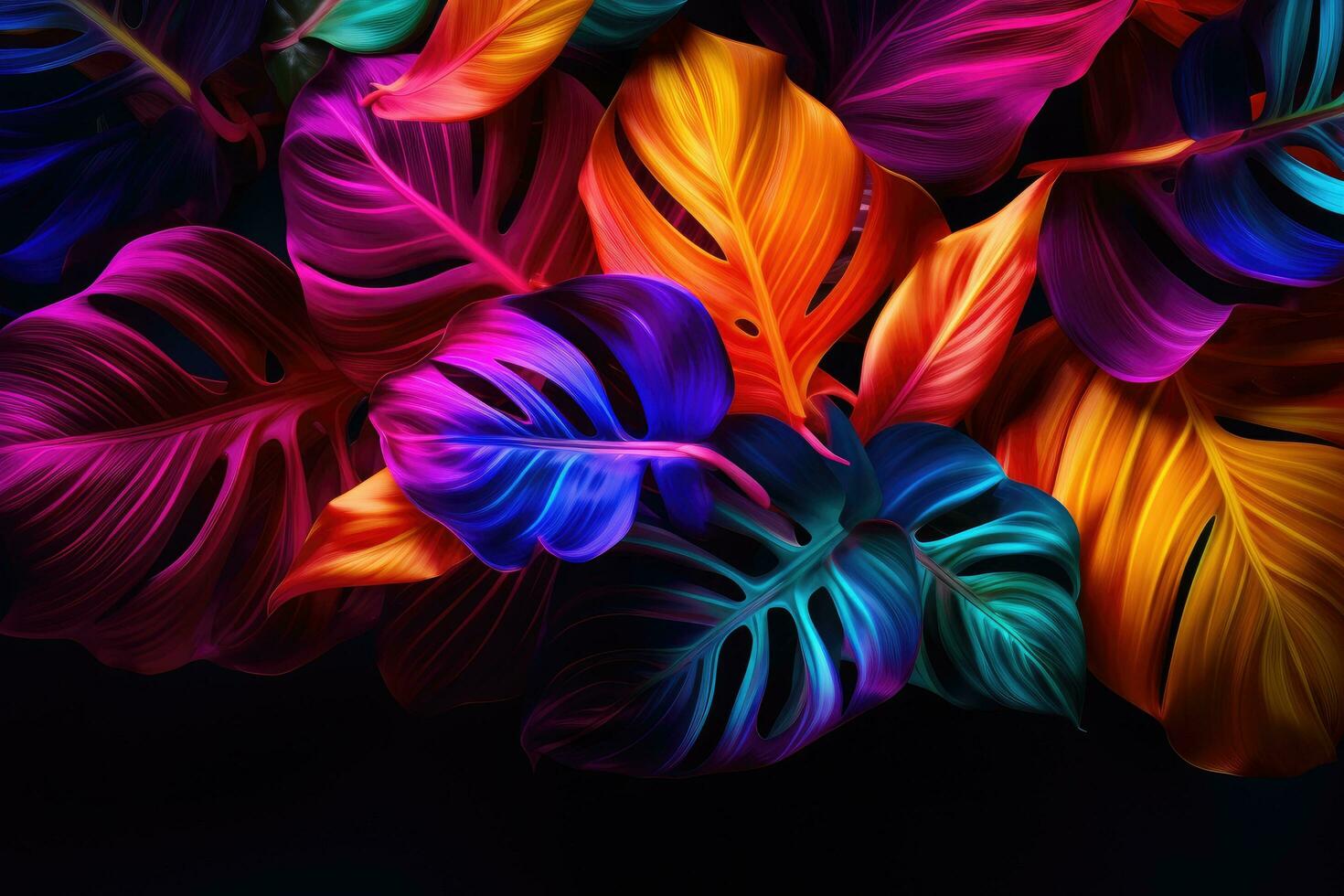 AI generated Colorful monstera leaves background. Tropical palm leaves and exotic flowers, Creative fluorescent color layout made of tropical leaves, AI Generated photo